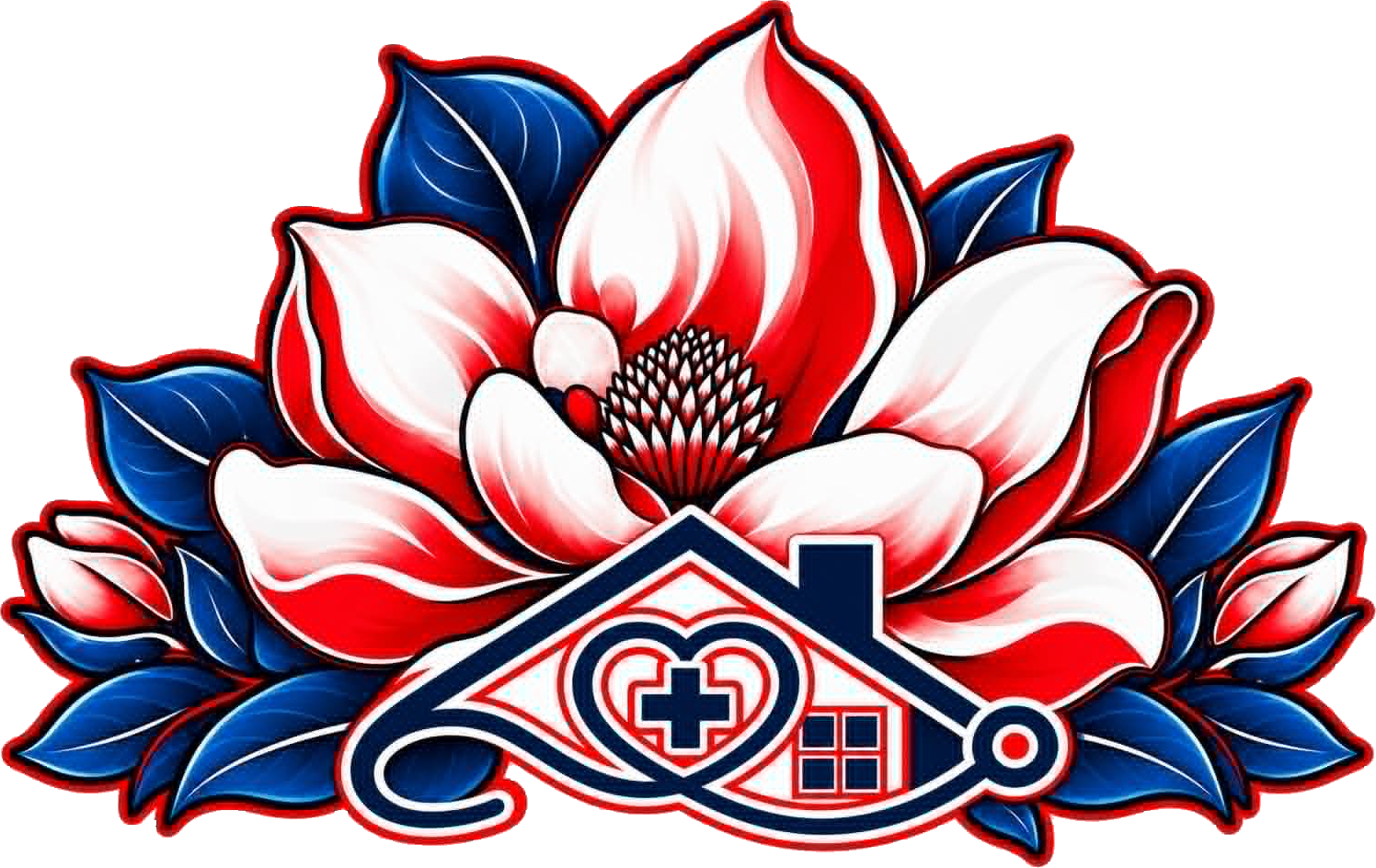 Magnolia flower with a healthcare home and stethoscope illustration