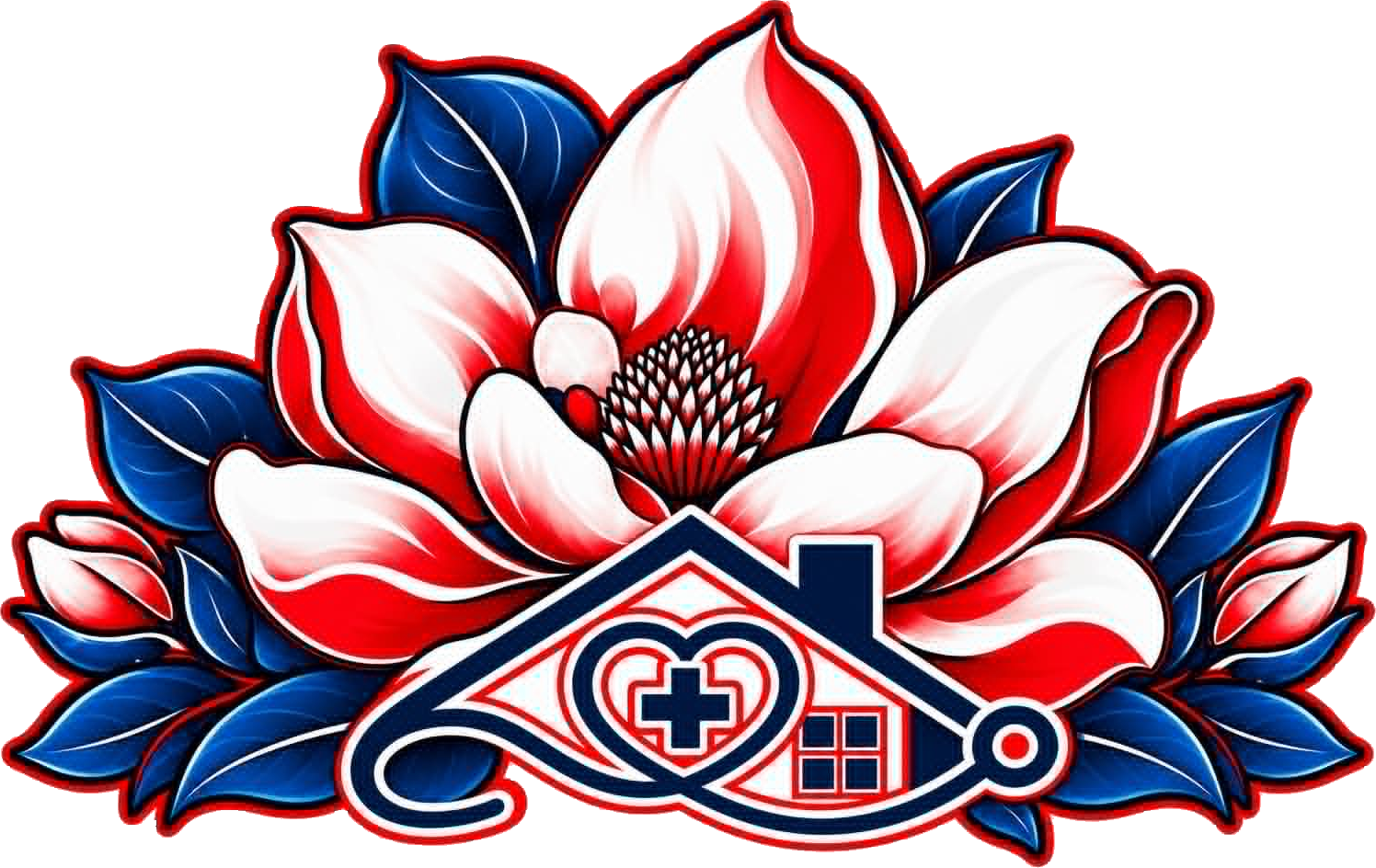 Magnolia Virtual Health magnolia blossom artwork with a home healthcare symbol